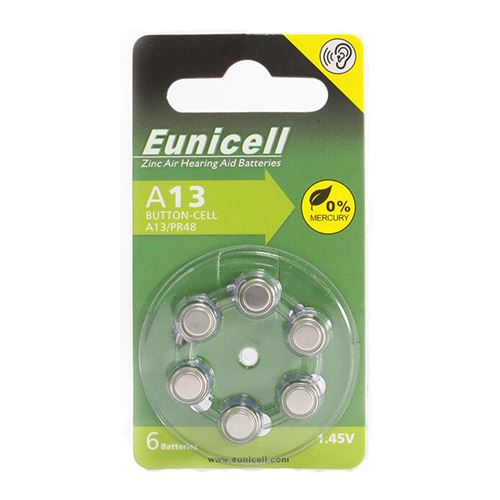 Pack de 6 Piles bouton Zinc Air 1,45V Type 13 pour appareils auditifs type A13/13 / PR48 - IRIOS -