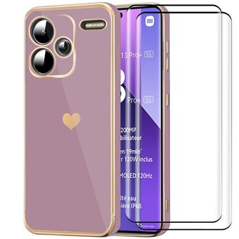 Coque + 2 Verres Trempés pour Xiaomi Redmi Note 13 Pro+ 5G / Note 13 Pro Plus 5G, TPU avec Motif d’Amour Cœur - Violet - BOOLING - 1