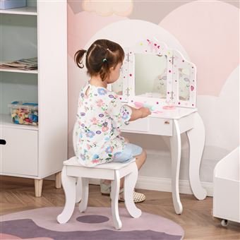 Coiffeuse Enfant, Table de Maquillage, Tabouret, Miroir Détachable, 1