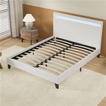 Lit 160x200cm simili cuir blanc avec tête de lit LED, sommier lattes en bois - 1