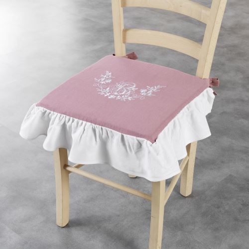 Galette +volant 40 x 40 x 3 cm polyester brode bonheur Rose/Blanc