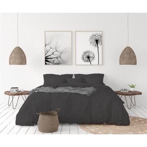 lovely home parure de couette en 100% lin 220x300 cm + 1 drap housse 140 x 190 cm + 2 taies 65x65cm - coloris gris anthracite