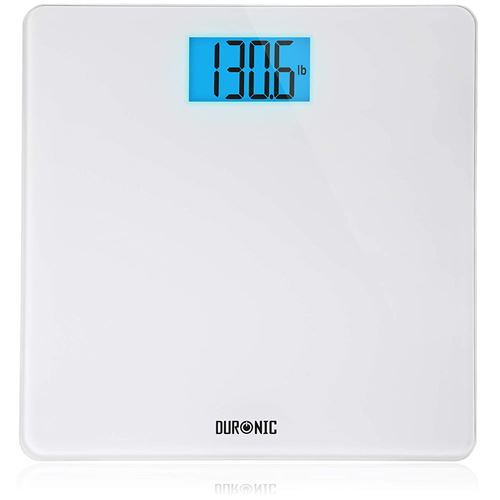 Duronic BS403 Balance Corporelle / Pèse Personne Capacité élevée de 180kg Ecran LCD éclairé lisible Verre blanc Mesure en kilogrammes Automatique 4 Capteurs précis Surveillez votre poids