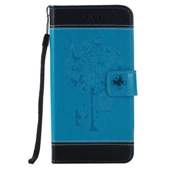 Huawei P10 Lite Housse Etui Cuir Pu Bleu Gravé Arbre Cage