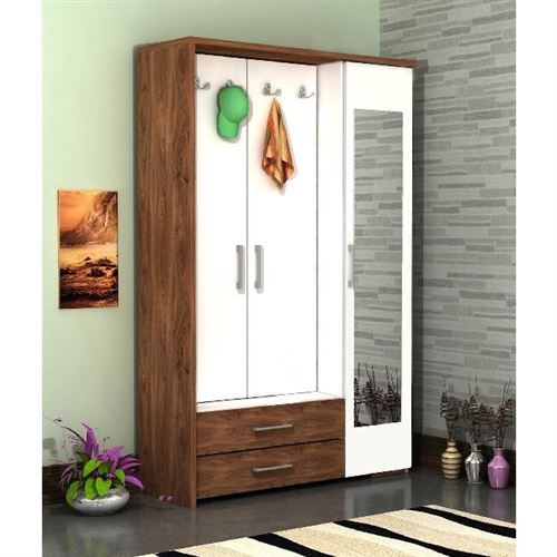HOMEMANIA Vestiaire - Meuble d’Entree Deniz Armoire - avec Étagères à Chaussures, Miroir, Portes, Tiroirs - Noyer, Blanc en Bois, 120 x 40 x 184 cm
