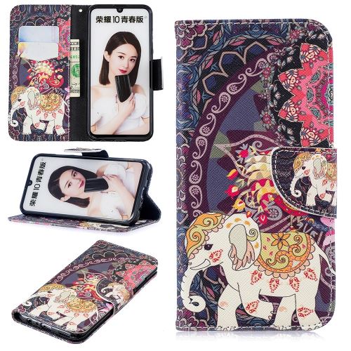 Etui en PU feuille de papier pour l'impression de motifs éléphant et paon pour votre Huawei P Smart (2019)/Honor 10 Lite