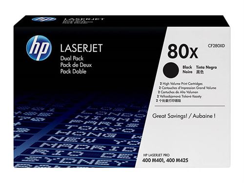 Cartouches de toner HP 80X (CF280XD) Pack double haute capacit&eacute; 2x Noir - Neuf
