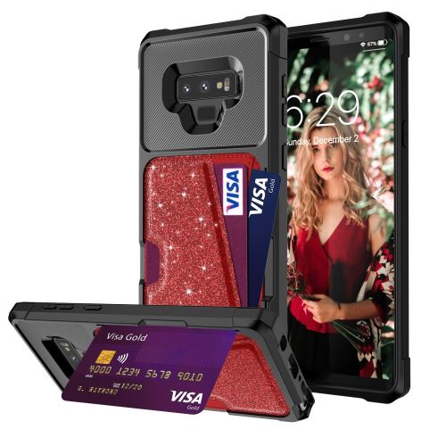 Etui en PU paillettes avec fentes pour cartes rouge pour votre Samsung Galaxy Note9 N960