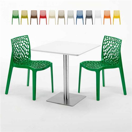 Table carrée blanche 70x70 avec pied en acier et 2 chaises colorées Gruvyer STRAWBERRY, Couleur: Vert
