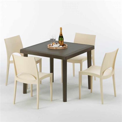 Grand Soleil - Table carrée et 4 chaises colorées Poly-rotin résine 90x90 marron, Chaises Modèle: Paris Beige ivoire