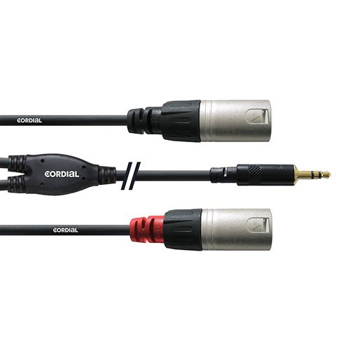 Cordial CFY 3 WMM-LONG Adaptateur Y jack stéréo 3,5 mm plaqué or, 2 prises XLR mle, 3 m de long