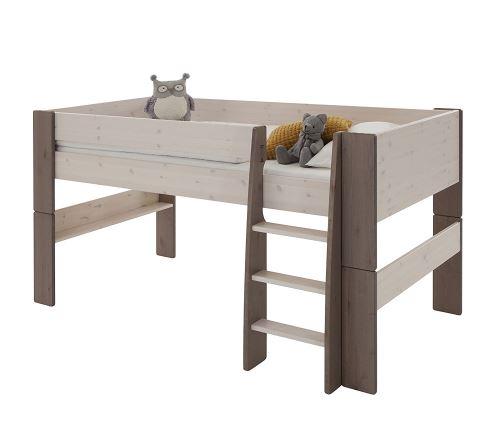 Lit Mi-Hauteur en pin massif, coloris Blanc/Gris - Dim : 113 x 206 x 114 cm -PEGANE-