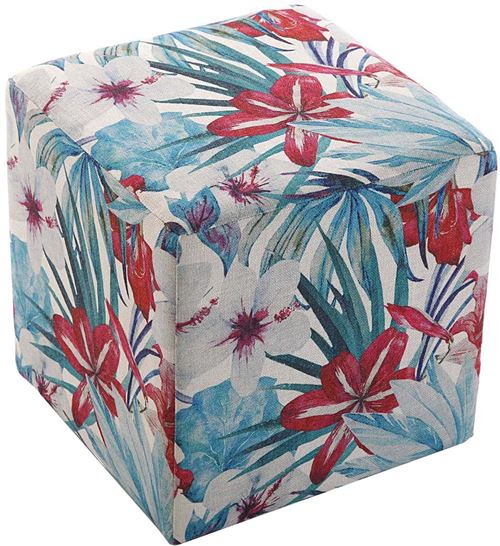 Versa - Pouf salon carré en tissu motifs végétaux Flores Bleu - rouge