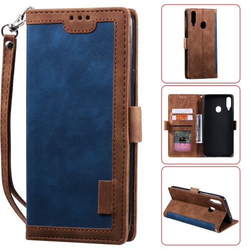 Etui en PU flip style d'épissage vintage avec support bleu pour votre Samsung Galaxy A20s