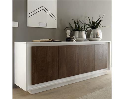 bahut blanc laqué mat et couleur bois MALT - Blanc - L 207 x P 50 x H 80 cm