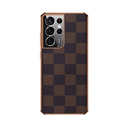 Coque en Cuir Pour Samsung Galaxy S22 Frusde avec Motif de Grille Galvanoplastie Cadre Etui-Brun