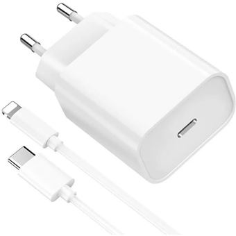 Chargeur rapide 20W + Cable Lightning 1 mètre - USB-C blanc compatible Iphone 14 - 13 - 12 - 11 - X - XS - Max - X - Pro - 8 - 7 - 6 - SE - 5 - Chargeur rapide - Straße Tech ® - 1