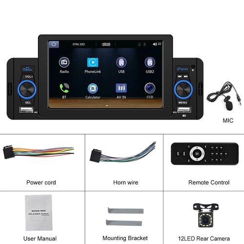 Autoradio Bluetooth 5 Pouces Avec CarPlay Android Auto Caméra 12 Lumières YONIS