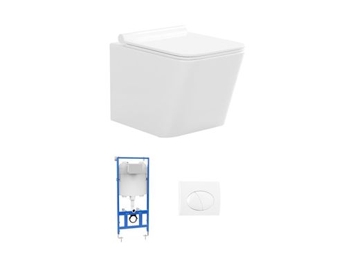 Pack WC suspendu blanc avec bâti-support et plaque de déclenchement blanche ovale - CLEMONA