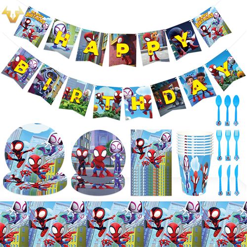 Decoration Anniversaire Spiderman FONGWAN Bannière Vaisselle de Fête Gobelet, Assiette, Serviette en Papier - Multicolore