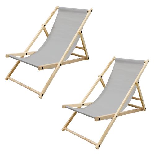 2x Chaise longue jardin pliante bain de soleil plage chilienne gris clair 120 kg