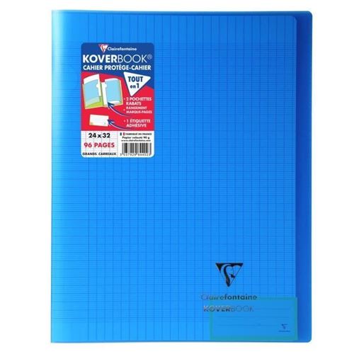 Cahier piqu&eacute; polypro Koverbook 24x32cm 48 pages grands carreaux bleu transparent