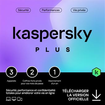 Kaspersky Plus - Multidevice 3 Appareils 1 An 2 coffres - PC Mac Android iOS - Ed Française Licence officielle par mail - ESD - 1