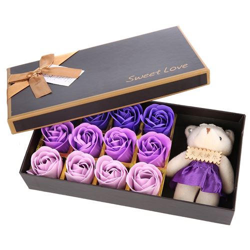 12Pcs Savon Rose fleur + en peluche ourson, cadeau romantique de noël (violet)