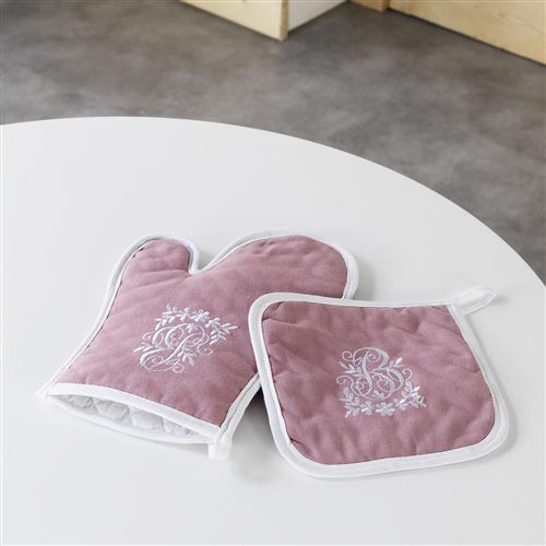 Gant + manique 19 x 28 cm/18 x 18 cm polyester brode bonheur Rose/Blanc