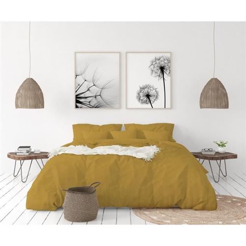 lovely home parure de couette en 100% lin 220x300 cm + 1 drap housse 140 x 190 cm + 2 taies 65x65cm - coloris jaune curry