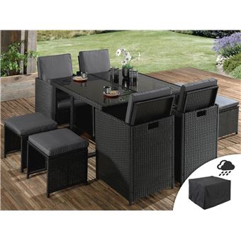 Sophia Salon De Jardin Encastrable 8 Places En Resine Tressee Noir Avec Coussins Gris Housse De Protection Couleur Noir Mobilier De Jardin Achat Prix Fnac