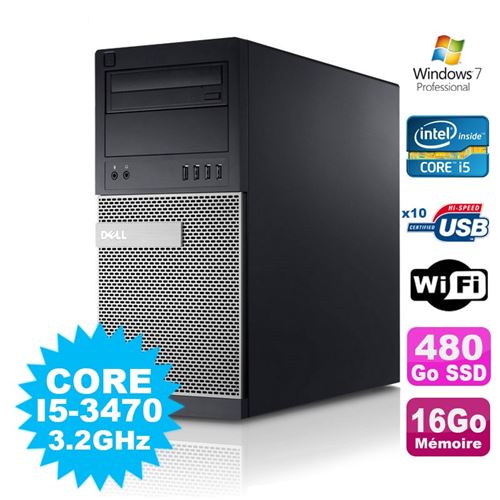 PC De Bureau Dell PC Tour Dell Optiplex 7010 Core i5-3470 3.2Ghz 16Go 480Go SSD Dvd WiFi Win 7