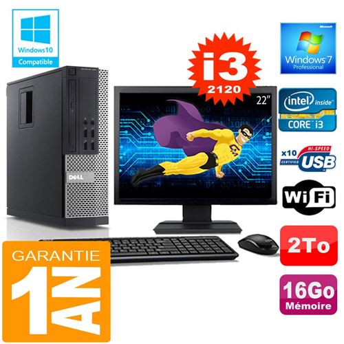Pc dell 990 sff core i3-2120 ram 16go disque 2 to wifi w7 ecran 22'
