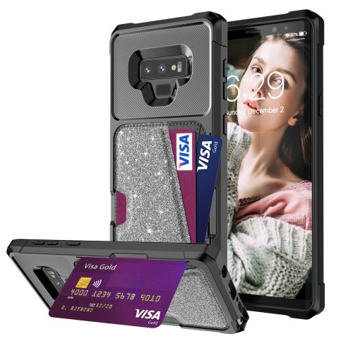 Etui en PU paillettes avec fentes pour cartes gris pour votre Samsung Galaxy Note9 N960