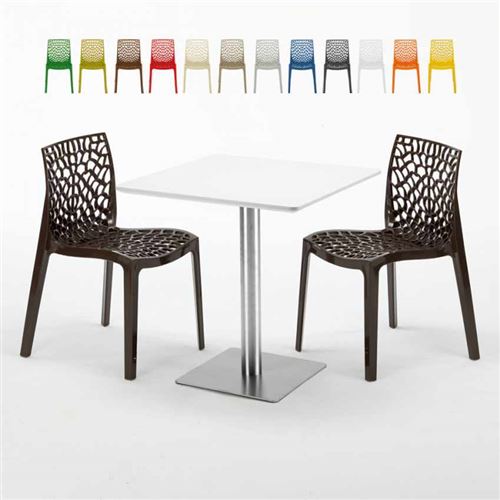 Table carrée blanche 70x70 avec pied en acier et 2 chaises colorées Gruvyer STRAWBERRY, Couleur: Marron