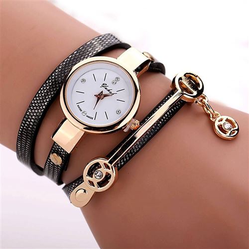 Noir Montres femmes hommes en faux cuir poignet strass quartz analogique