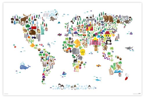 Poster Carte du monde Animaux Michael Tompsett 61 cm x 91,5 cm