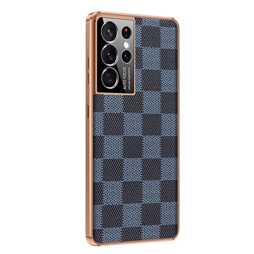 Coque en Cuir Pour Samsung Galaxy S22 Frusde avec Motif de Grille Galvanoplastie Cadre Etui-Bleu