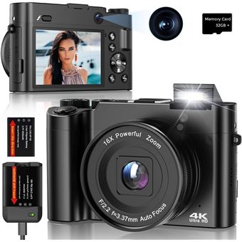 Appareil Photo Numérique 4K avec * Idéal pour le Vlogging des Jeunes, Écran de Protection des Yeux de 2,8 pouces, Caméra 4K Anti-Tremblement 16X, Compacte avec Carte SD, Flash et Batterie, Parfait