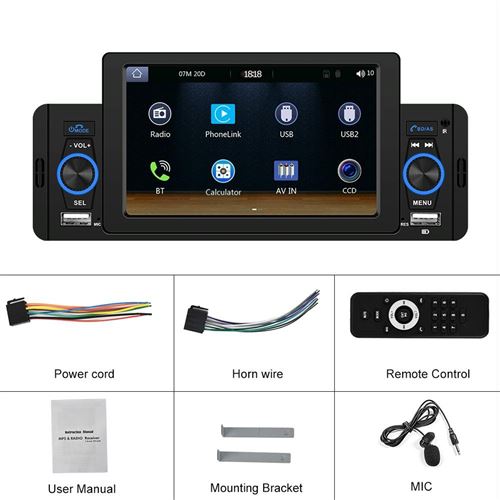 Autoradio 5 Pouces Bluetooth CarPlay Android Auto FM USB HD Microphone Inclus YONIS