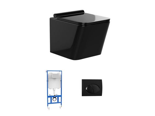 Pack WC suspendu en céramique noir brillant avec bâti-support et plaque de déclenchement ovale - CLEMONA