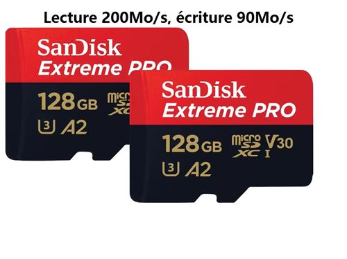 Lot de 2 Carte Mémoire Micro SDXC SanDisk Extreme 128 Go A2 MicroSDXC  R190/W130Mo/s Classe 10 U3 V3 version 2022 - Carte mémoire micro SD - Achat  & prix