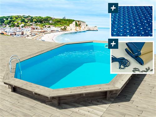 Piscine bois "" Brazilia ""  5.86 x 3.86 x 1.20 m - B&acirc;che &agrave; bulles  180 &micro; - B&acirc;che hiver  280 g/m&sup2;