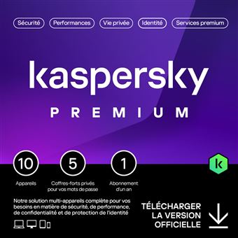 Kaspersky Premium - Multidevice 10 Appareils 1 An 5 coffres - PC Mac Android iOS - Ed Française Licence officielle par mail - ESD - 1