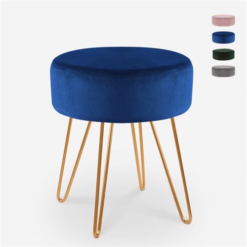 Tabouret rembourré repose-pieds pouf rond en velours design Holoserica, Couleur: Bleu