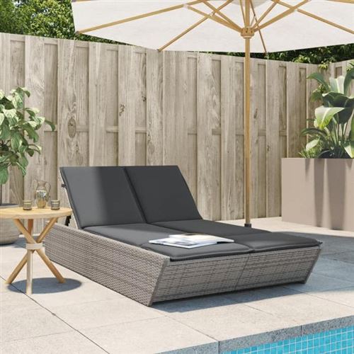 Non Communiqué Gris Vidaxl Chaise Longue Double Avec Coussins Résine Tressée, Lit De Bronzage, Chaise Longue Inclinable, Lit De Jour 368181