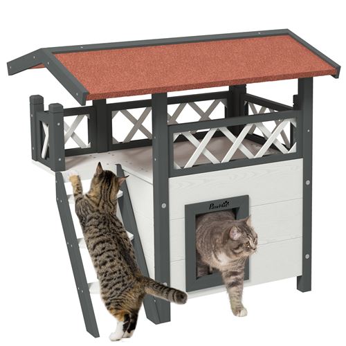PawHut Home lodge voor wilde katten - huisvilla met terras, trap, dak voor kat - 77x50x73 cm - wit en rood