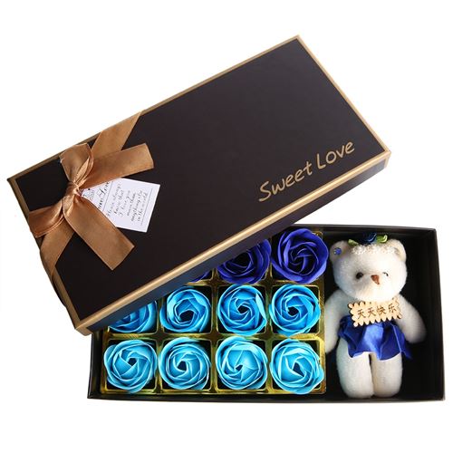 12Pcs Savon Rose fleur + en peluche ourson, cadeau romantique de noël (Bleu)
