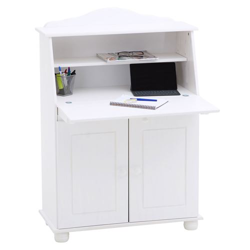 Bureau Secretaire David Avec Abattant Rangement Plusieurs Etageres 2 Portes Et Plan De Travail Rabattable En Pin Massif Lasure Blanc Achat Prix Fnac