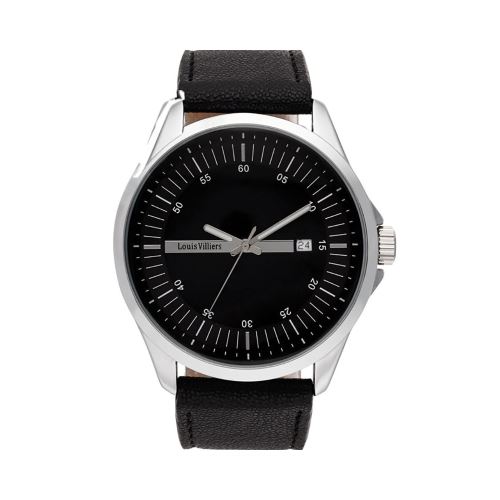Montre Homme Louis Villiers Cadran 47mm En Steel Noir Et Bracelet Argenté En Cuir AG3804-01